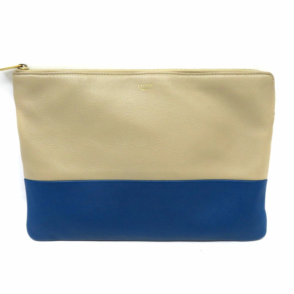 CELINE Clutch Bag Shoulder Calf Leather Beige Blue Two Tone - Picture 1 of 11